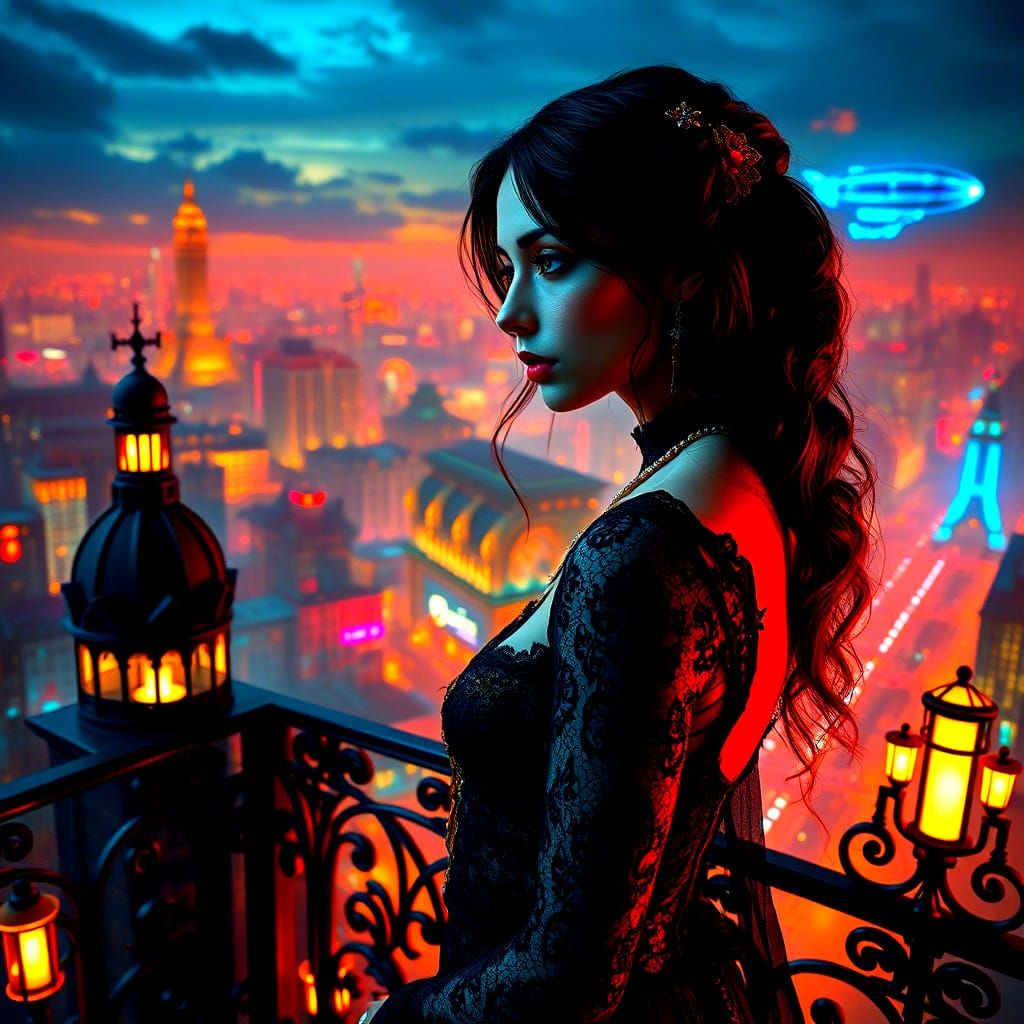 Gothic Woman Overlooks Steampunk City in Neon Lights