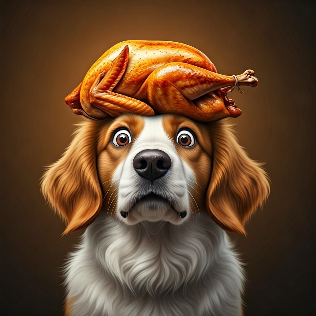 Dog Surprised by Roasted Turkey in Whimsical Fall Scene