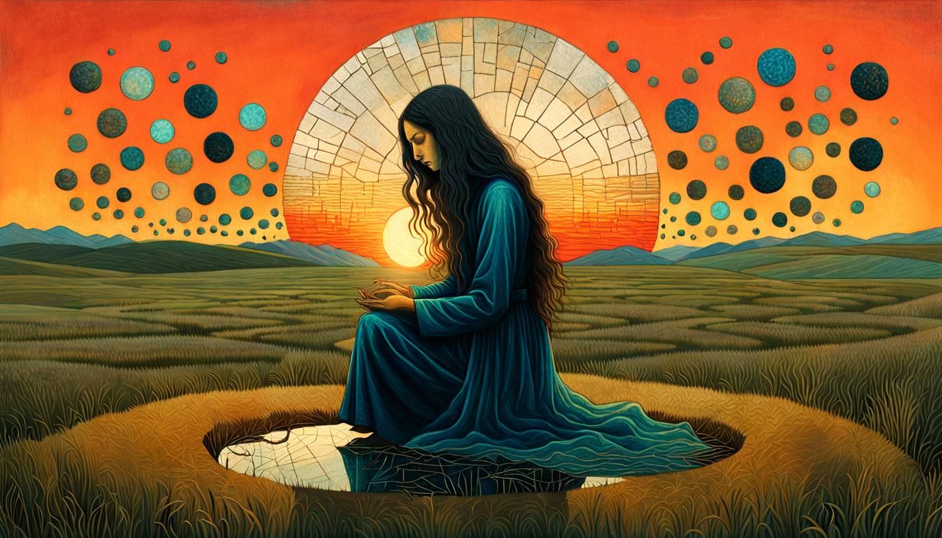 Surreal Sculpture: Woman, Sunset, and Cracked Mirrors