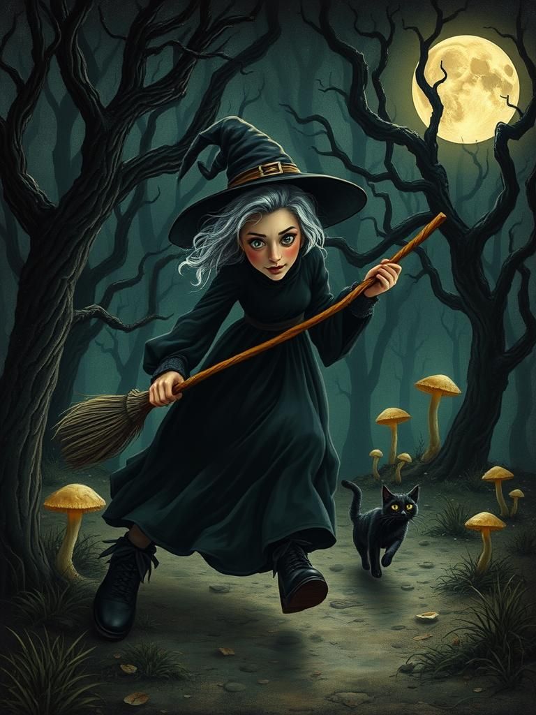 Whimsical Witch Pursues Mischievous Cat in Forest