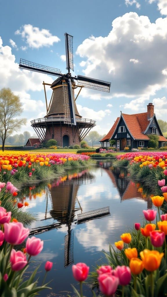 Tulips in Holland Landscape with Windmill and Pond