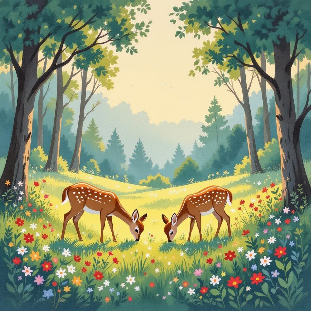 Deer Family in Forest Clearing Gouache Painting