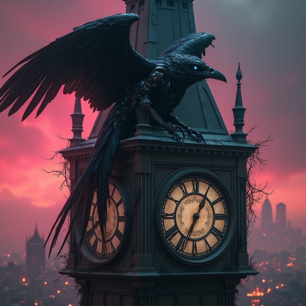 Cyberpunk Goddess Raven Perches on Ruined Clock Tower