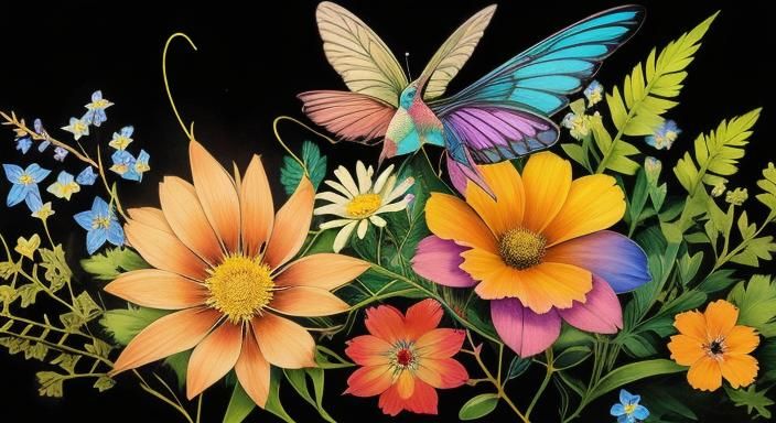 Hummingbird and Butterflies with Forget-Me-Nots