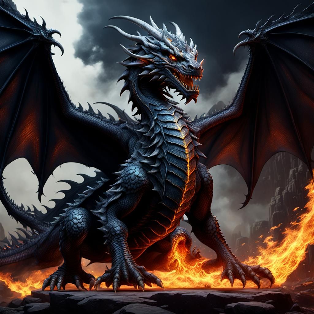 Detailed Black Flame Dragon Fantasy Concept Art