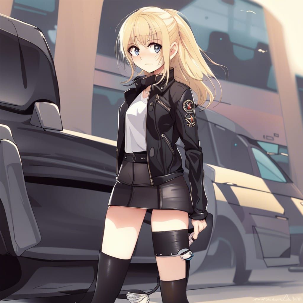 Anime Style Woman in Leather with Car