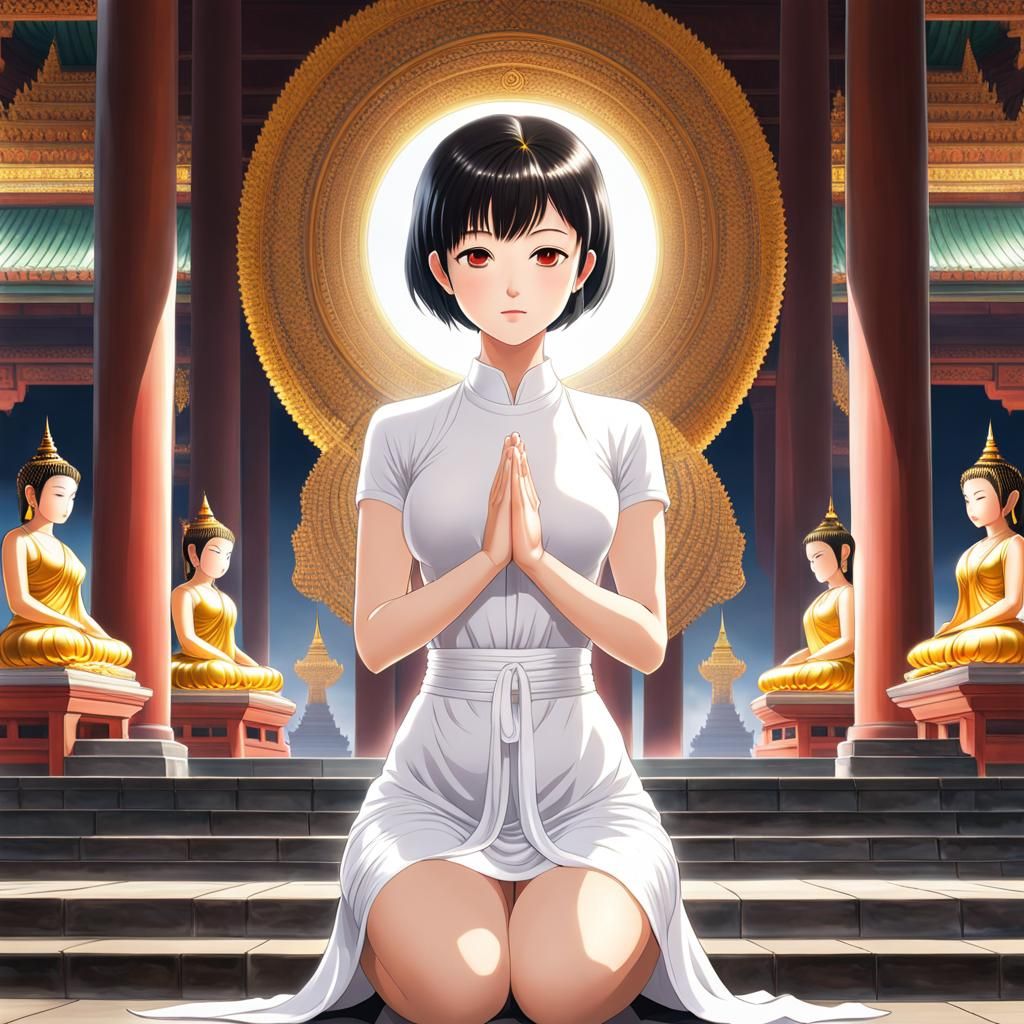 Anime Woman Praying in Thailand Temple