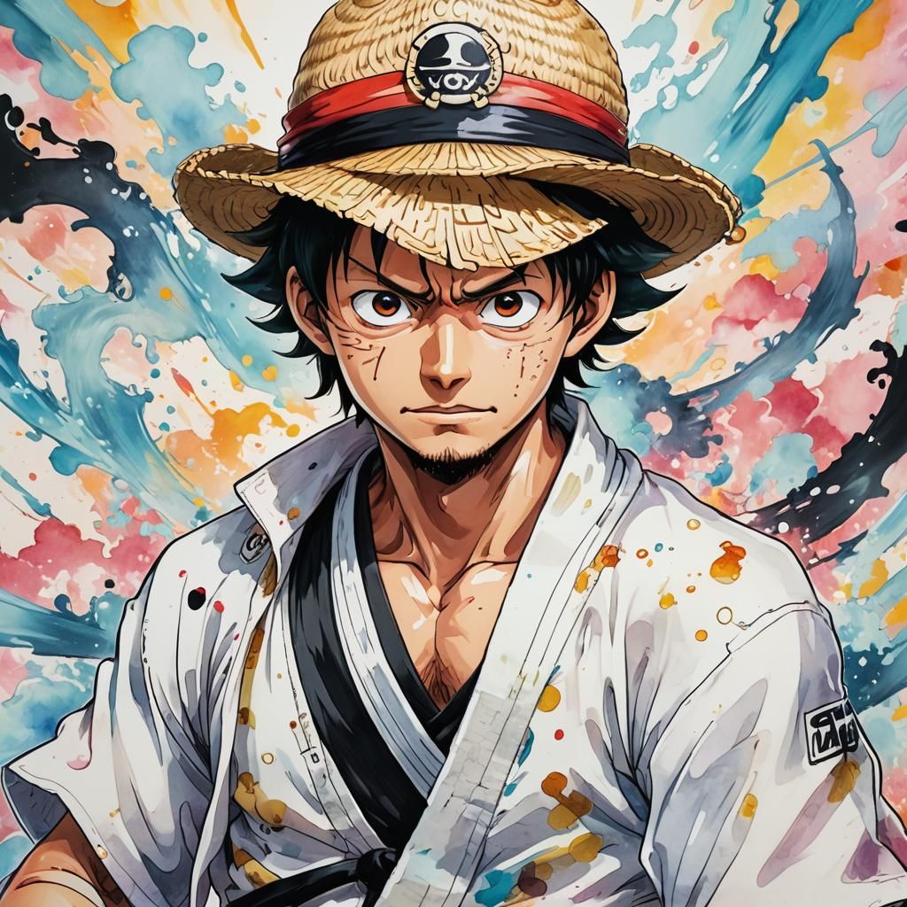 Luffy in Jiu-Jitsu Kimono: Vibrant Anime Portrait