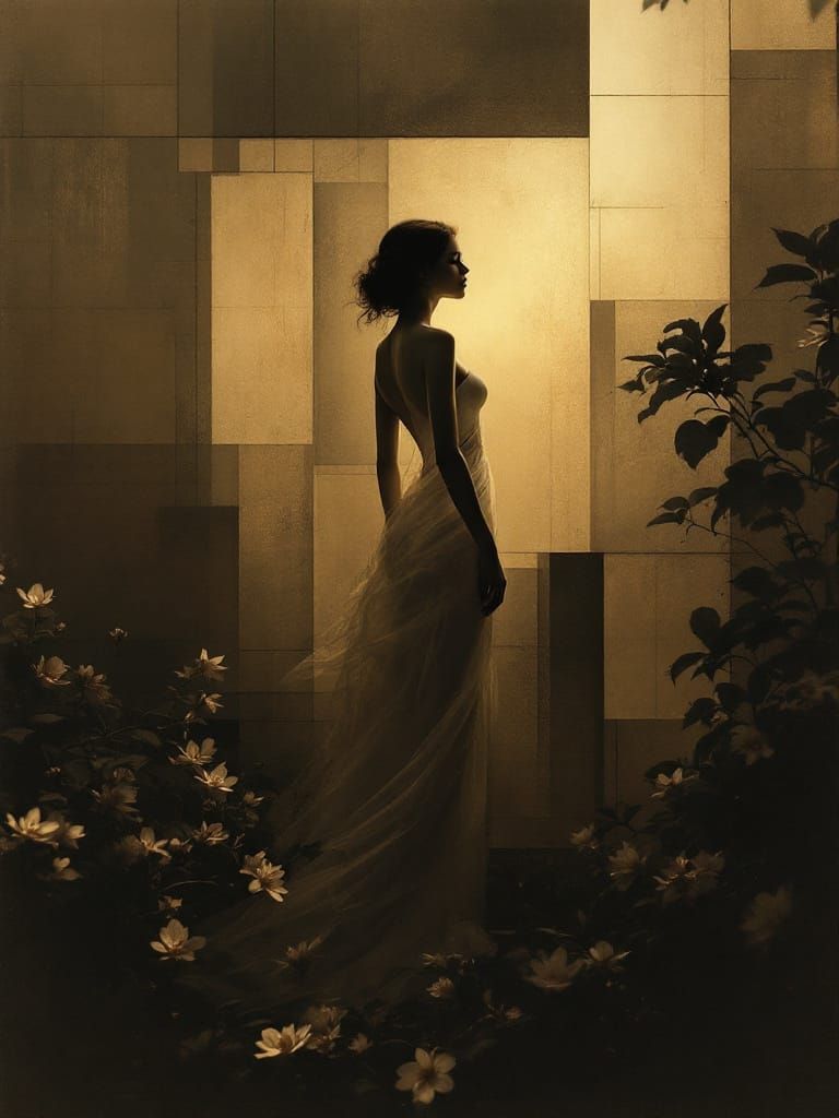 Ethereal Pin-Up Figure in Abstract Gothic Garden