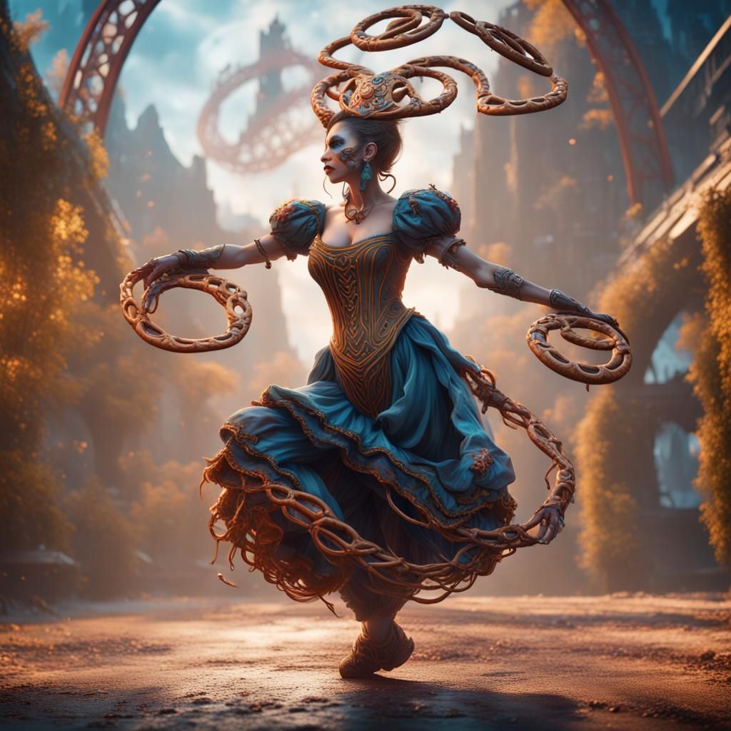 Pretzel Woman Dancing: Detailed Fantasy Concept Art