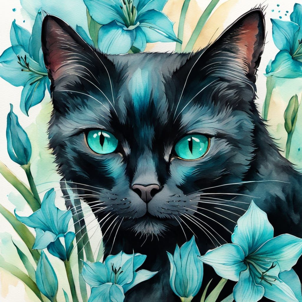Black Cat Surrounded by Turquoise Amaryllis in Watercolor
