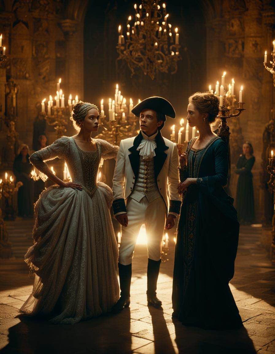 Ornate Castle Hall Scene with Three Figures