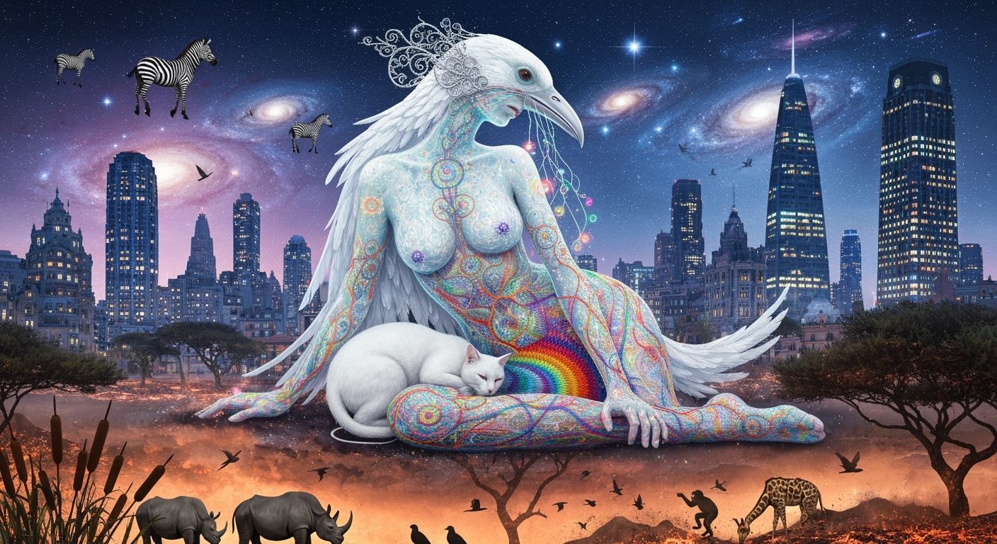 Ethereal Woman with Bird Head in Gaudí Cityscape at Night