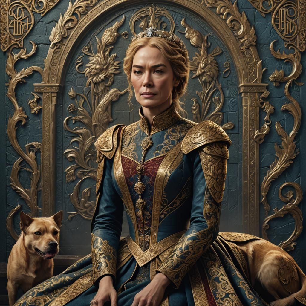 Queen in Ornate Dress with Dog, Detailed Fantasy Art