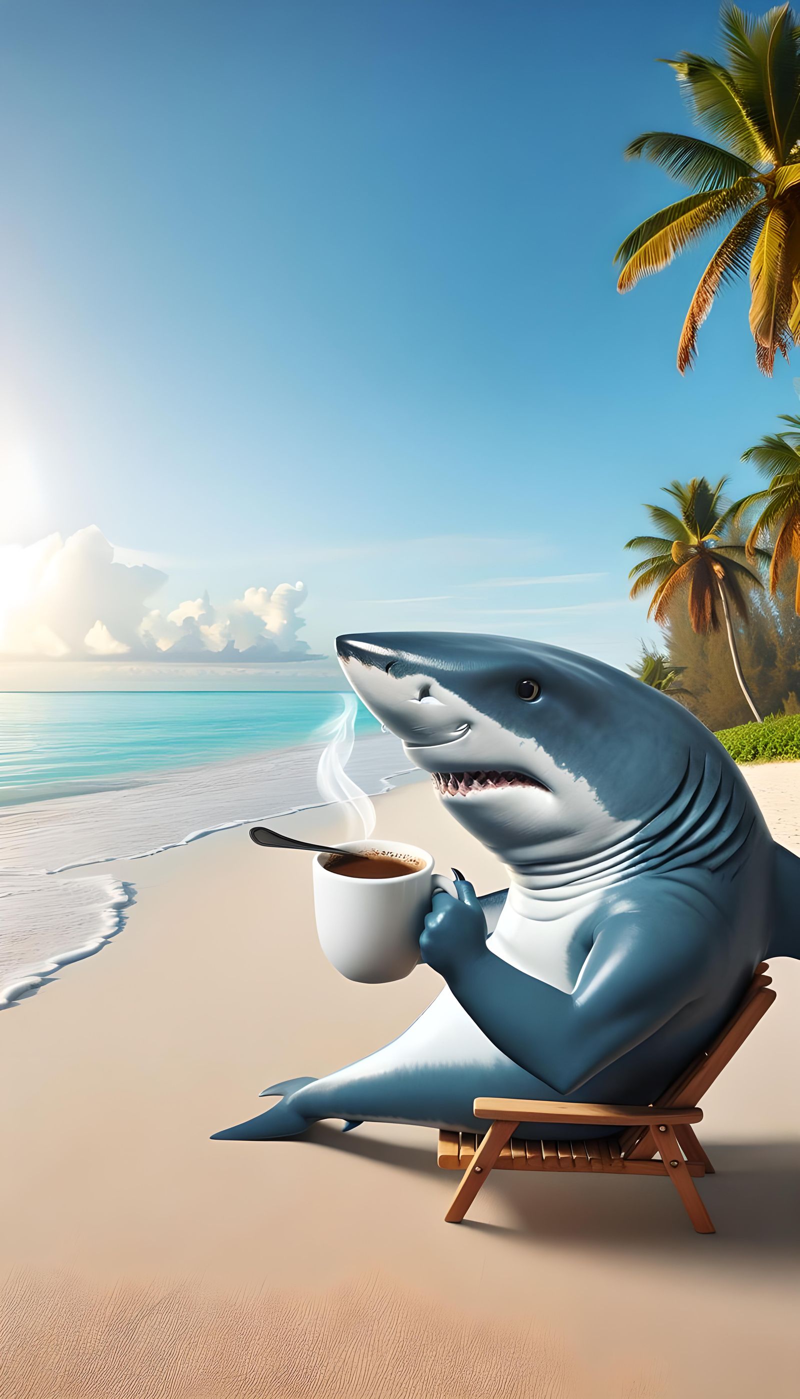 Anthropomorphic Shark Enjoys Coffee on Tropical Beach
