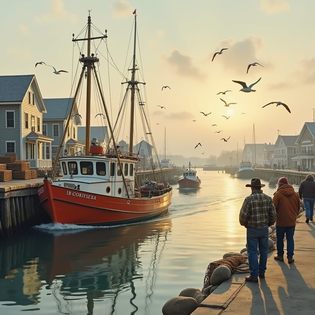 New England Fishing Village at Sunrise, Photorealistic Color...