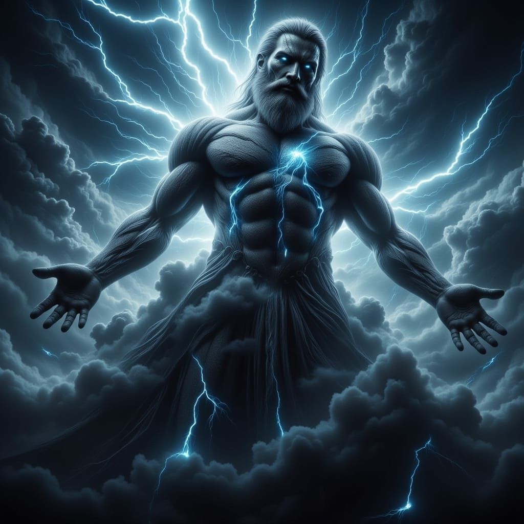 Zeus Emerging from Storm Clouds in Hyperrealistic Style