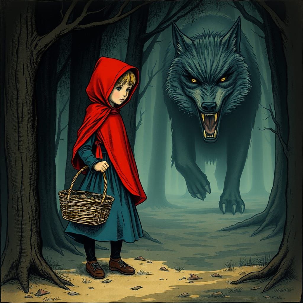 Crimson Cloak in Misty Forest: Rackham, Doré, and Beksiński