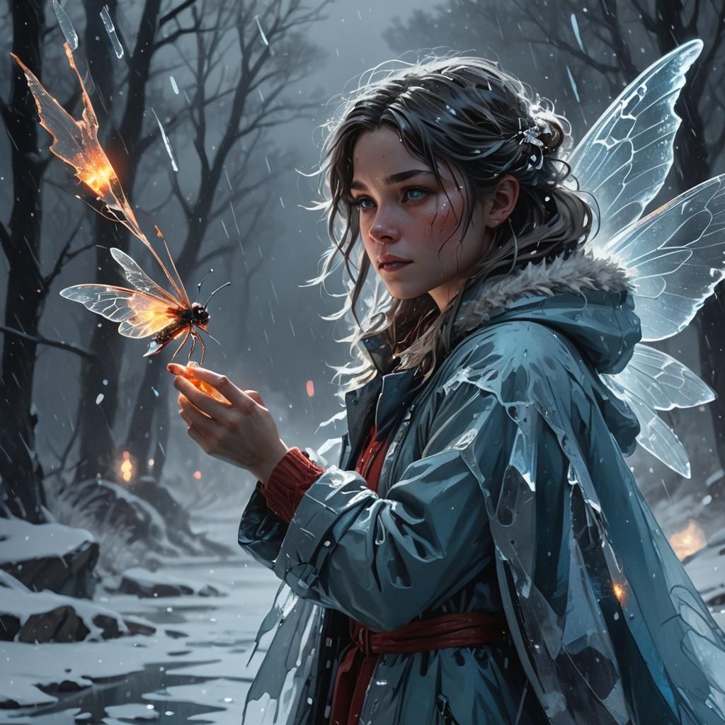 Fairy and Firefly in Snowstorm: Hyperrealistic Splash Art