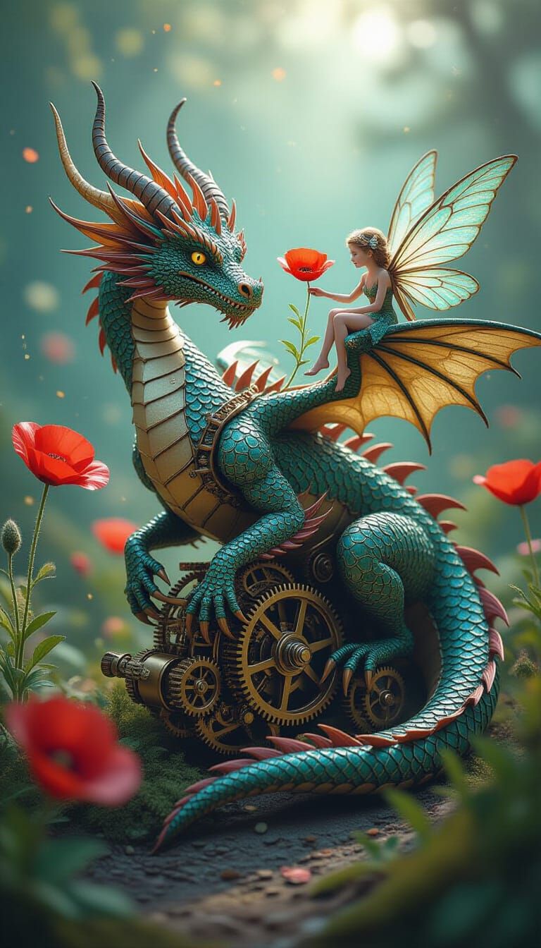 Clockwork Dragon Offers Poppy to Fairy in Enchanted Garden