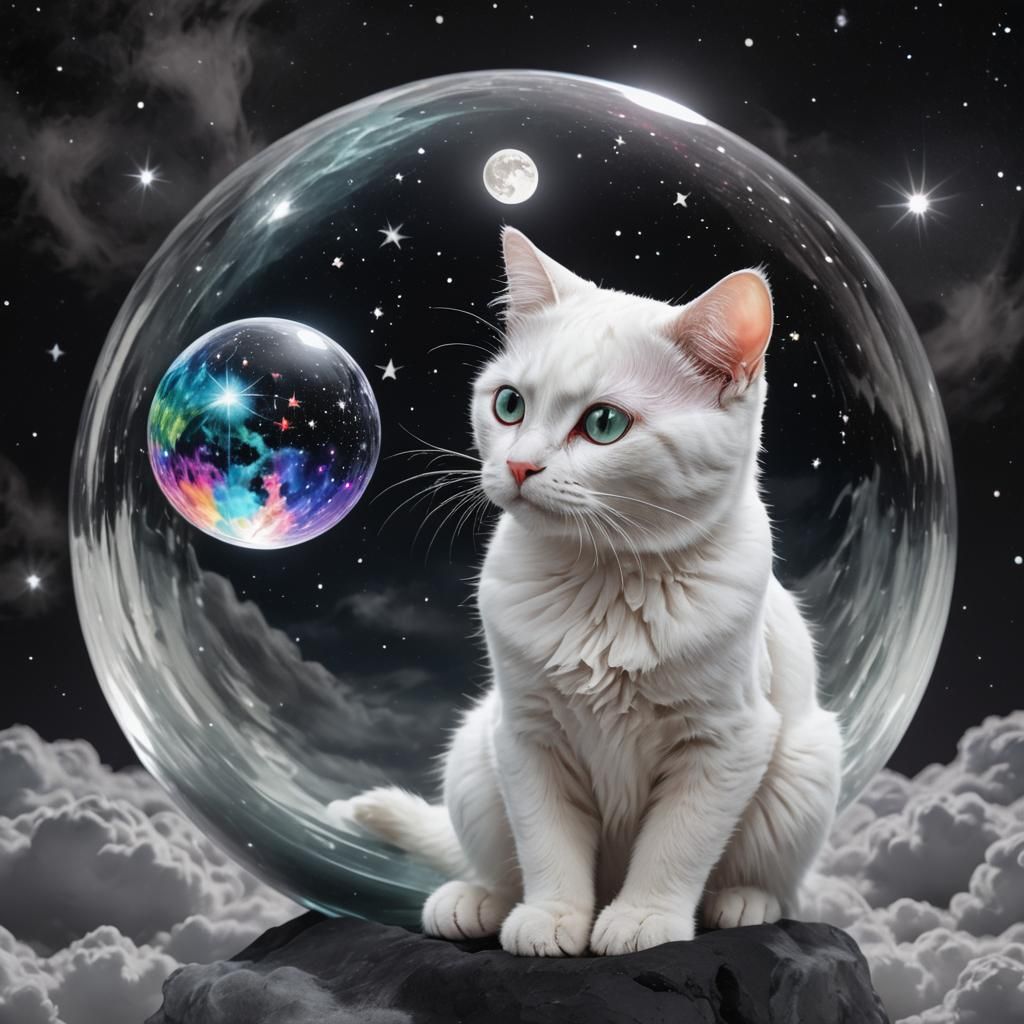 Celestial Cat: White Feline Gazing into Galaxy