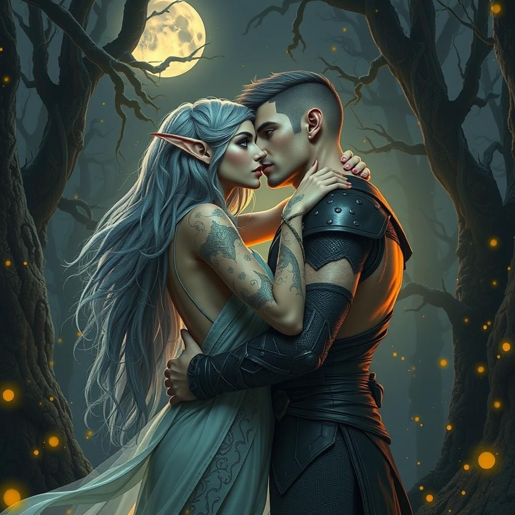 Romantic Kiss Between Elf and Man in Fantasy Forest