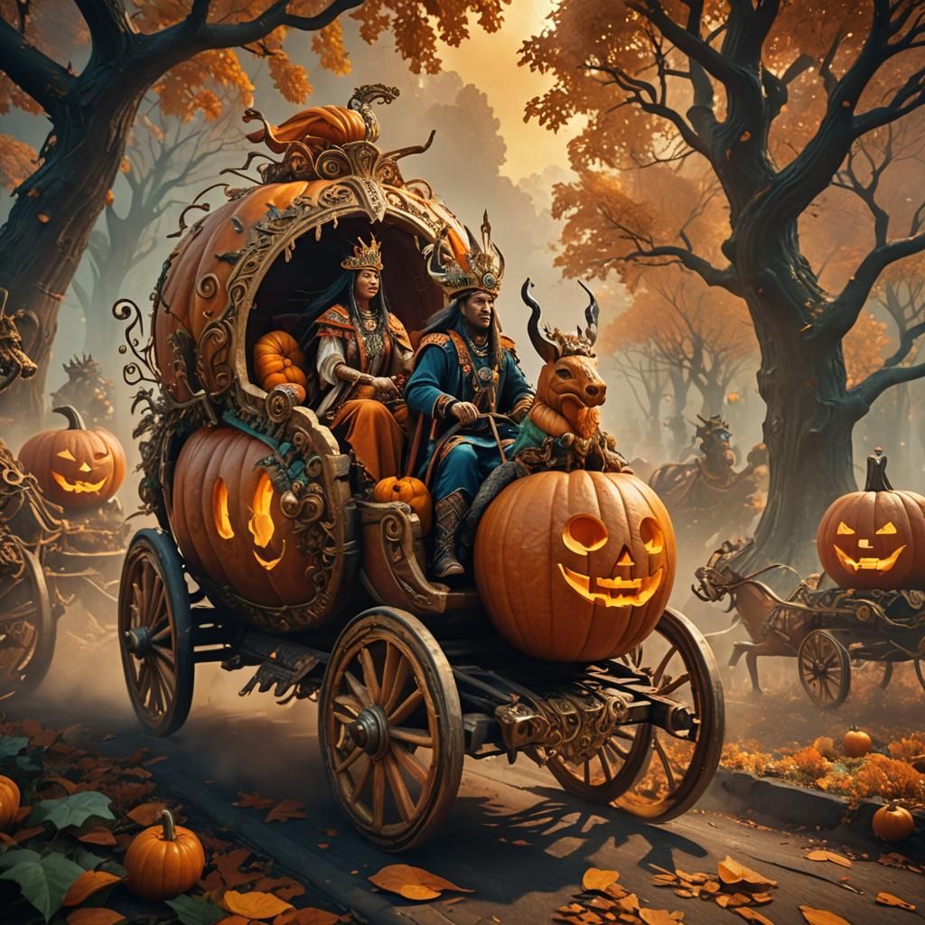 Pumpkin Carriage Soaring Through Flying Forest in 3D