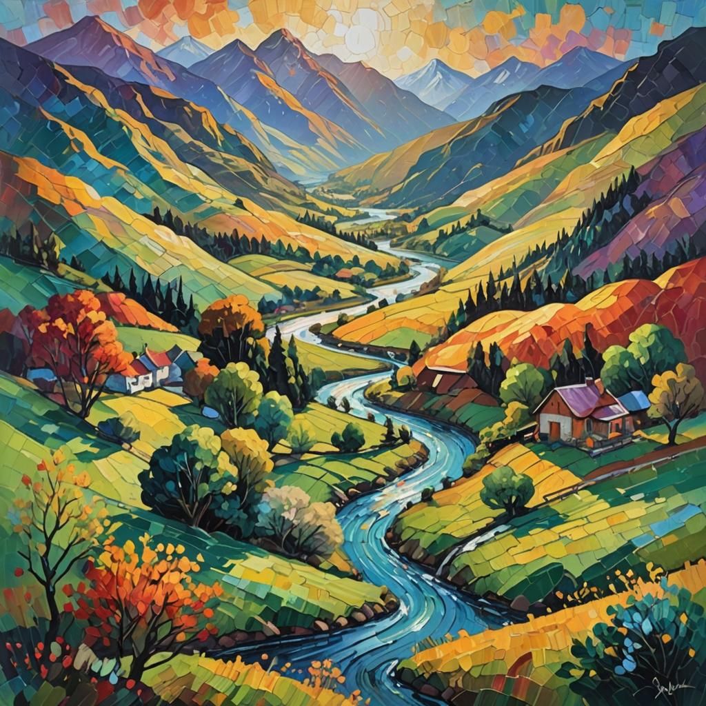 Mountain Valley Farm in Expressionist Oil Paint