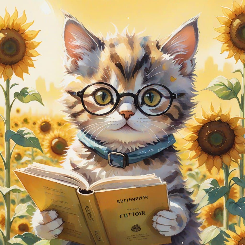 Kitten Reading on Sunflower in Watercolor Anime Style