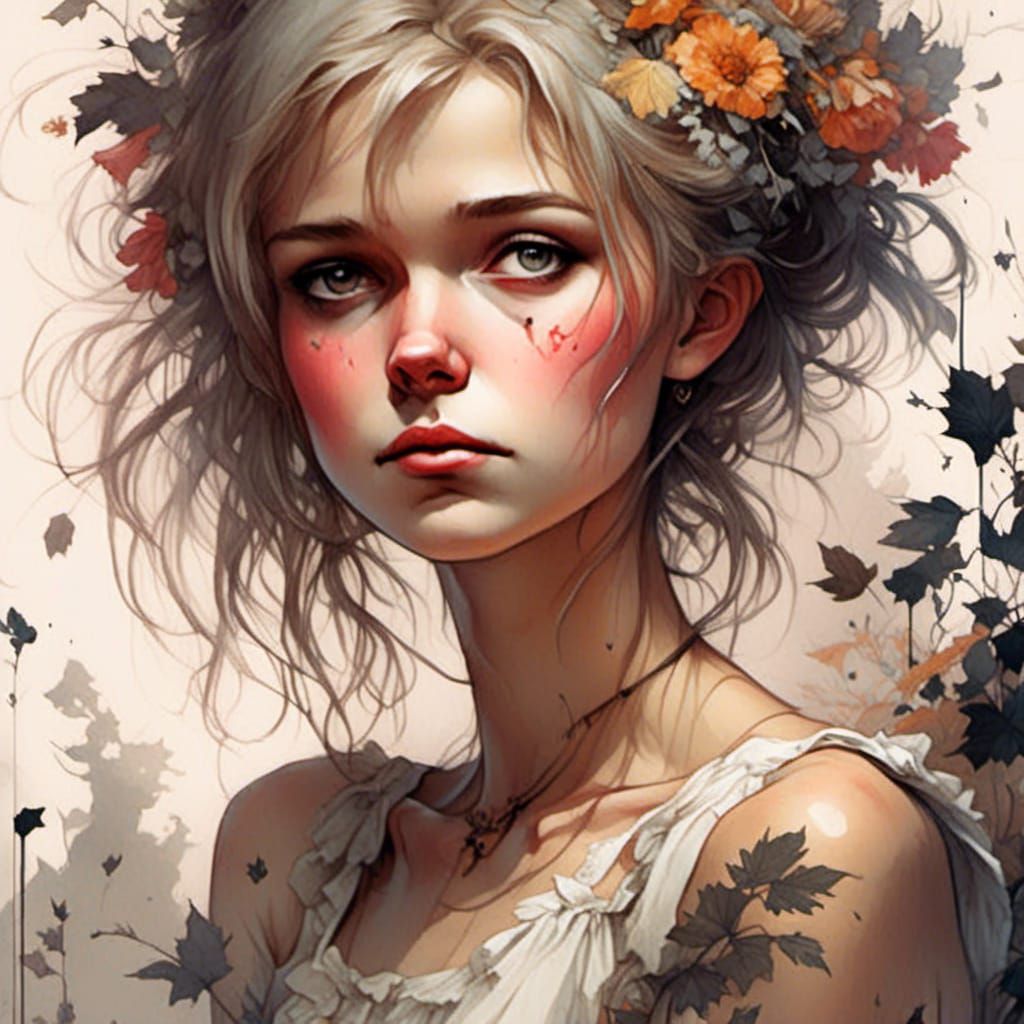 Shy Girl with Brown Eyes in Aquarelle Style