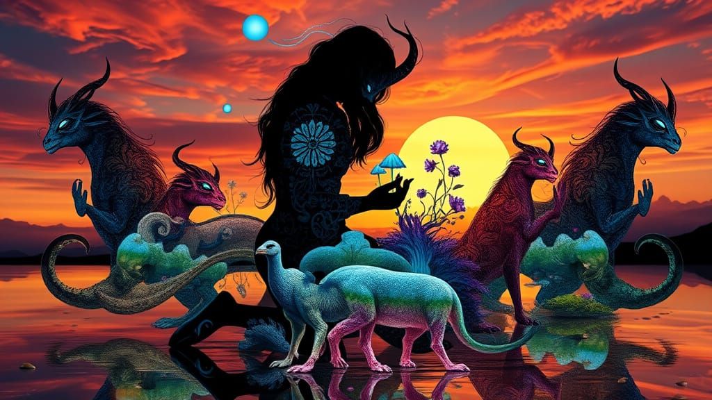 Ethereal Collage of Mystical Creatures in Cosmic Surrealism