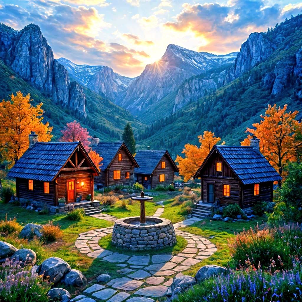 Rustic Houses Amidst Vibrant Sunset Landscape with Ancient W...