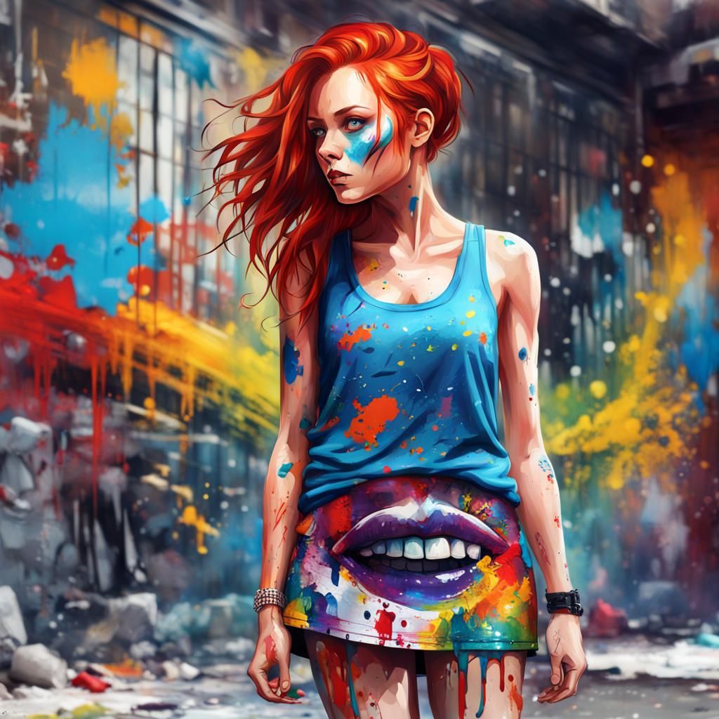 Graffiti Art: Red-Haired Artist with Paint Splashes