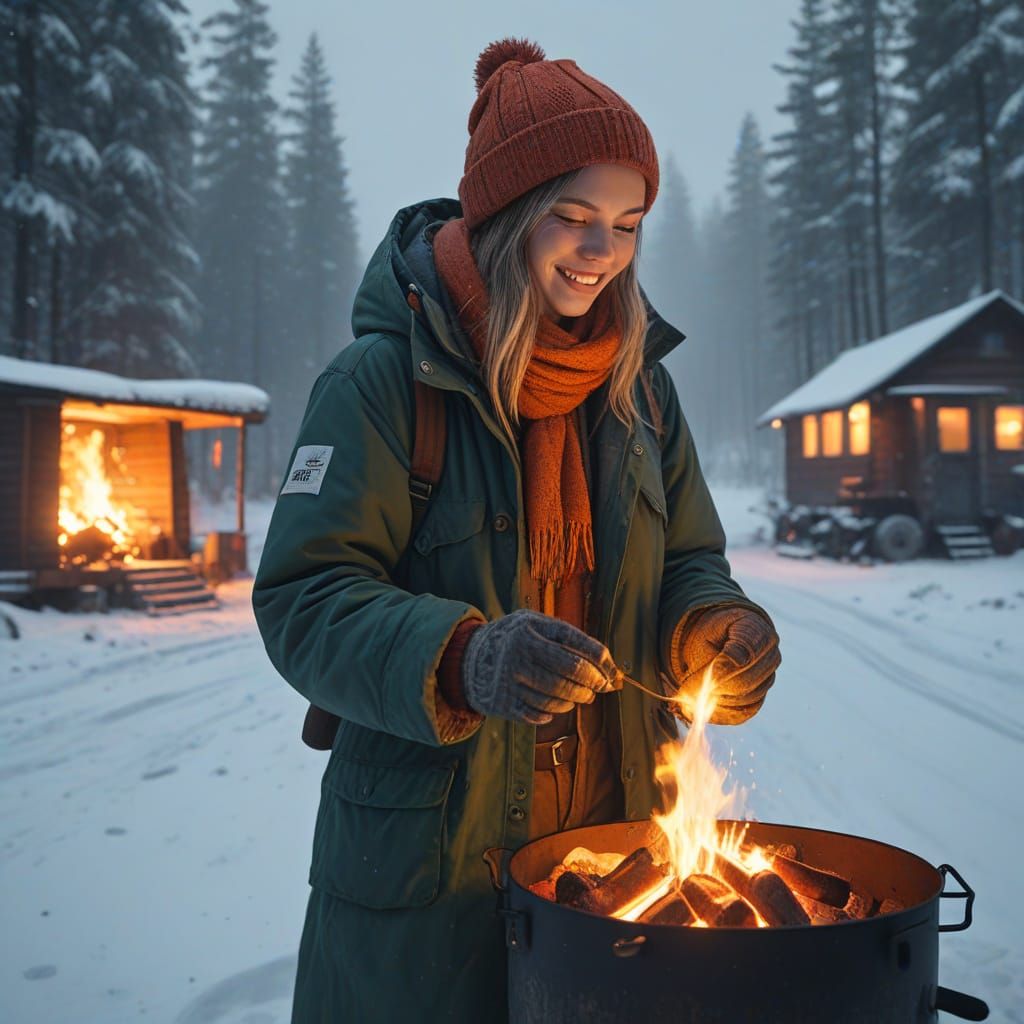 Winter Campers Gather Around a Crackling Fire