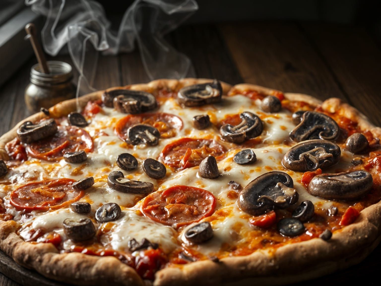 Hyperrealistic Pizza with Meat, Cheese, Mushrooms