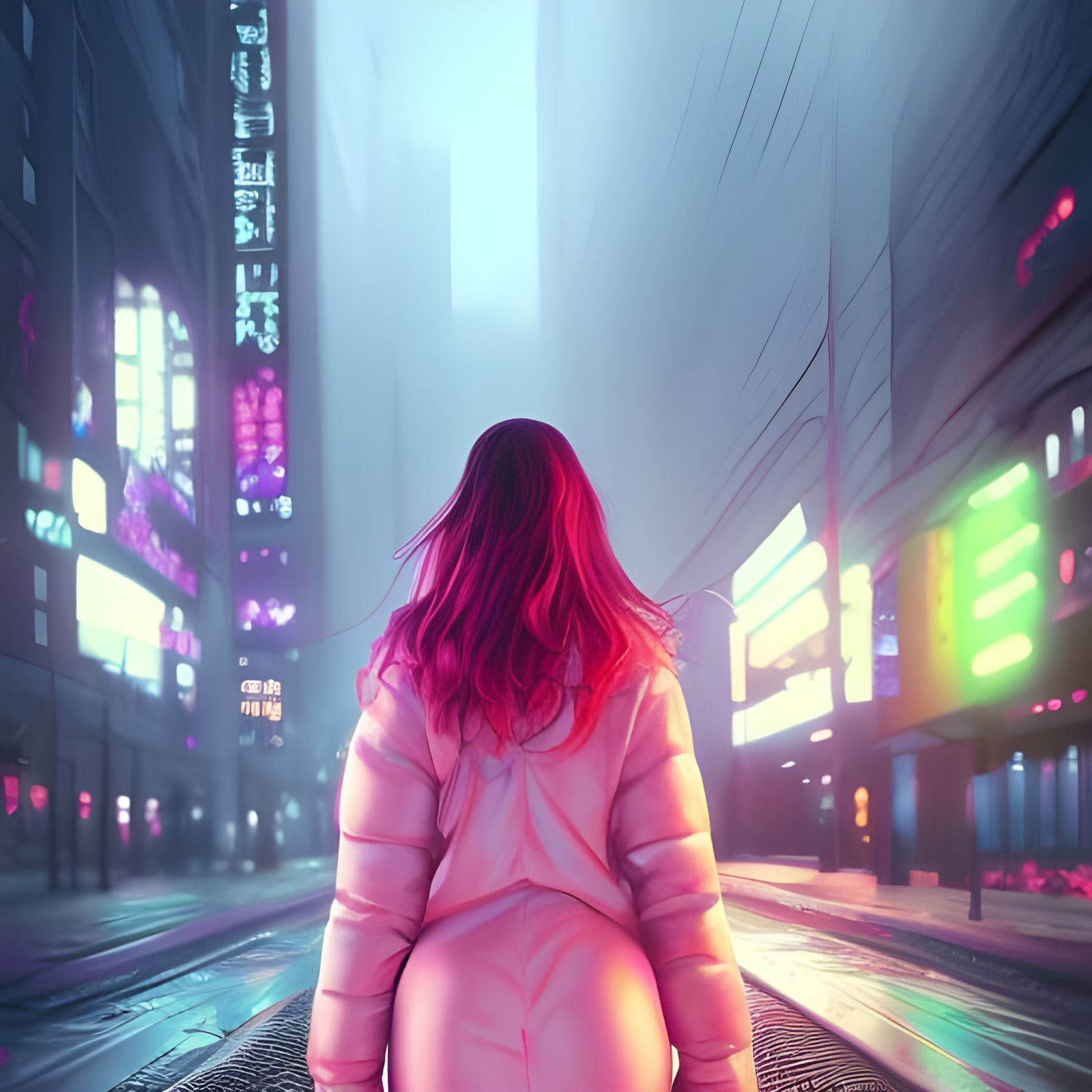 Pink-Haired Model in Rainy Cyberpunk City