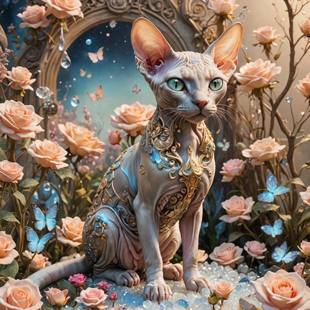 Bioluminescent Sphynx Cat in Mystical Ice Garden