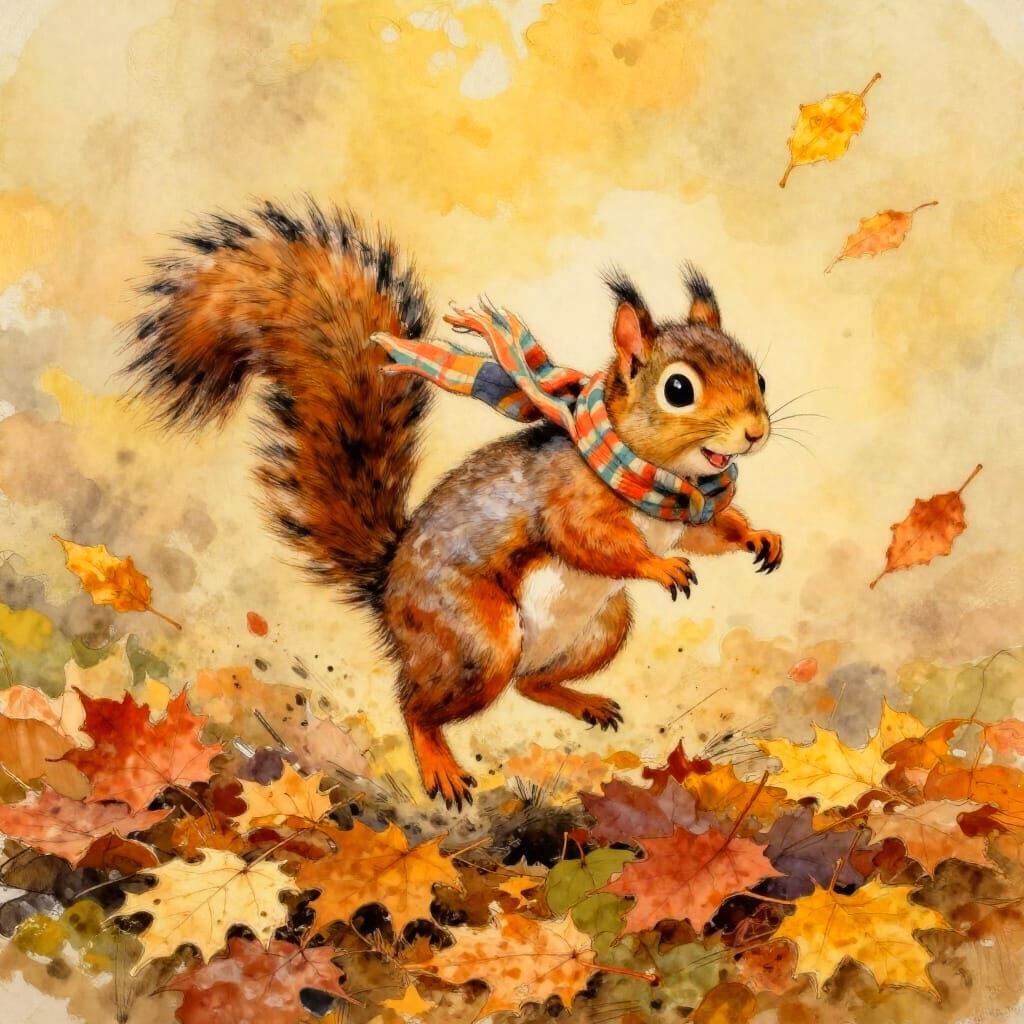 Squirrel Jumps Into Autumn Leaves as Watercolor-Gouache Pain...