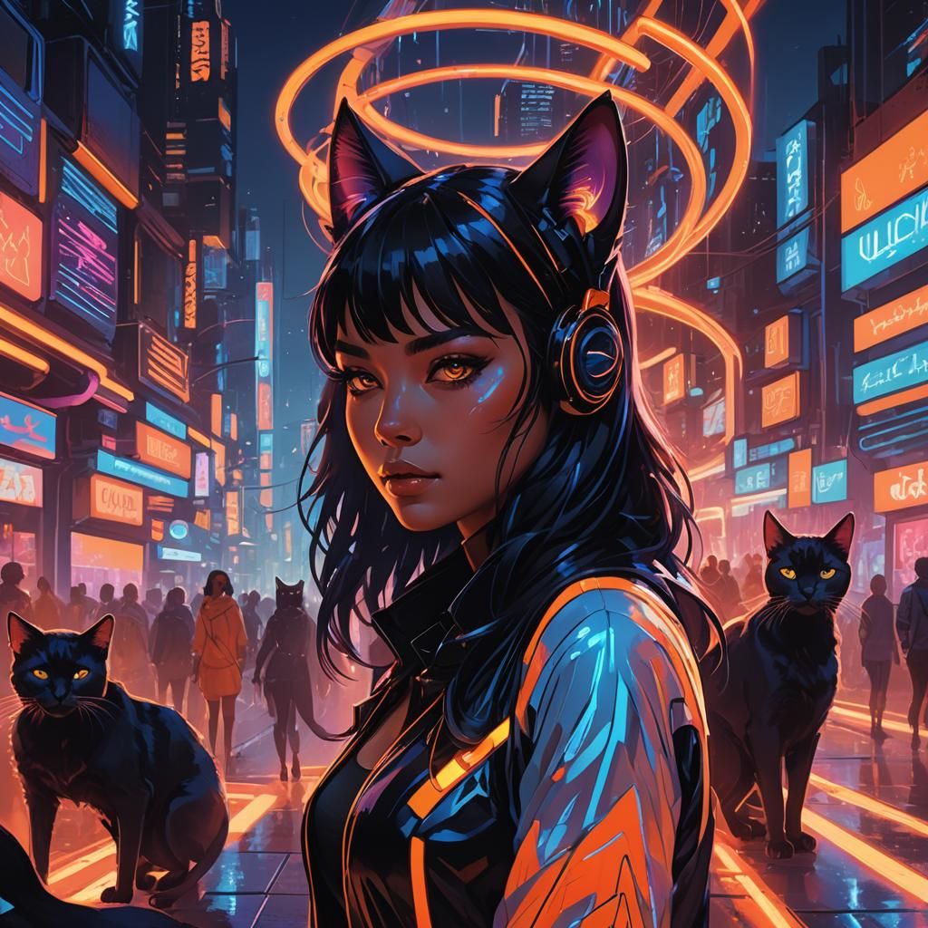 Anime Cat-Girl with Neon Aura, Digital Art