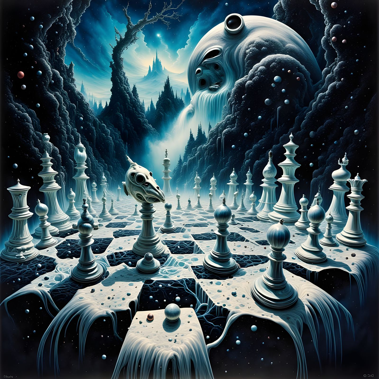 Surreal Chessboard Waterfall in Matte Oil Canvas