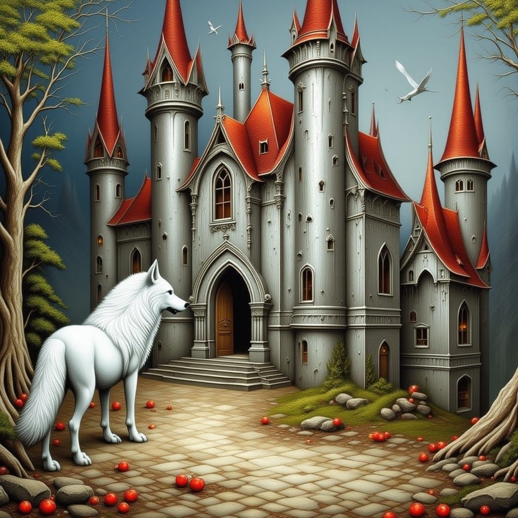 A white wolf stalking towards a silver and gold fairy castle...