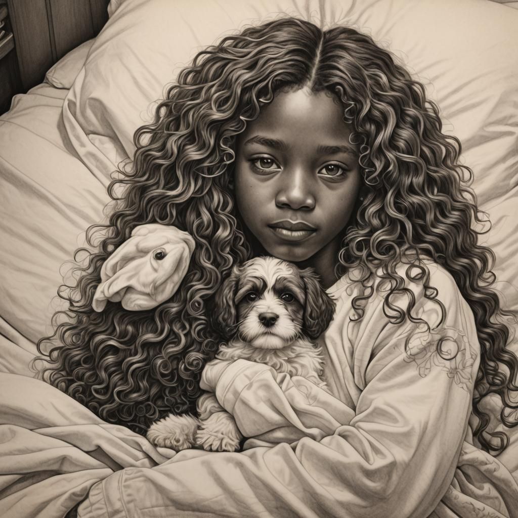 Detailed Pencil Drawing of Boy with Puppy