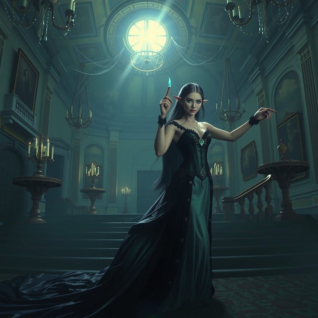 Gothic Elf Woman Lurking in Abandoned Mansion Shadows