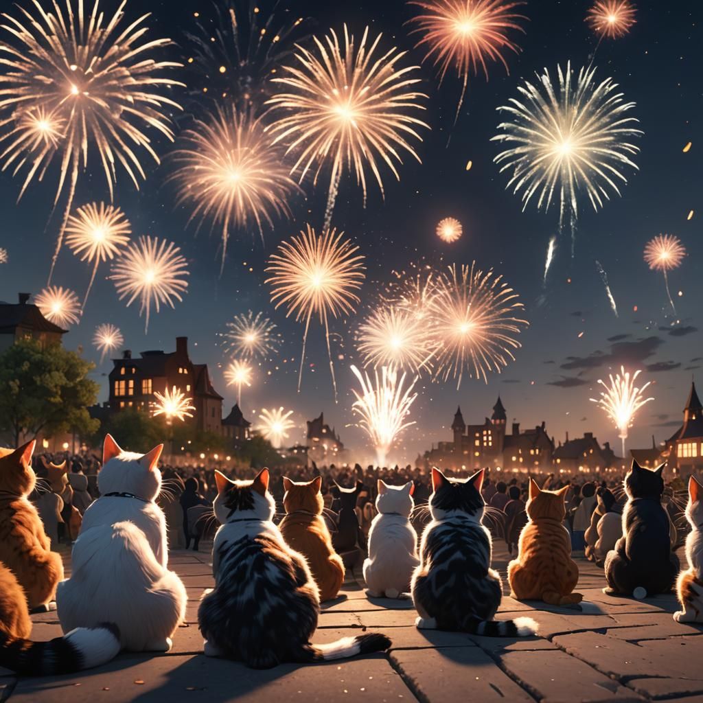 Cats Watch Fireworks Display in 3D Game Style
