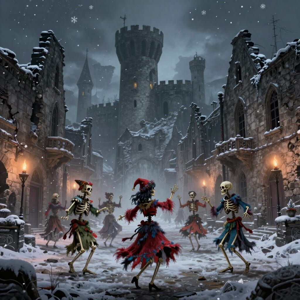 Skeletal Revelry in Snow-Dusted Medieval Ruins