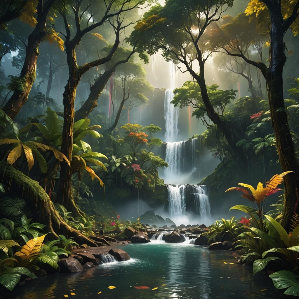 Luminous Rainforest with Rainbow Waterfalls: Fantasy Art