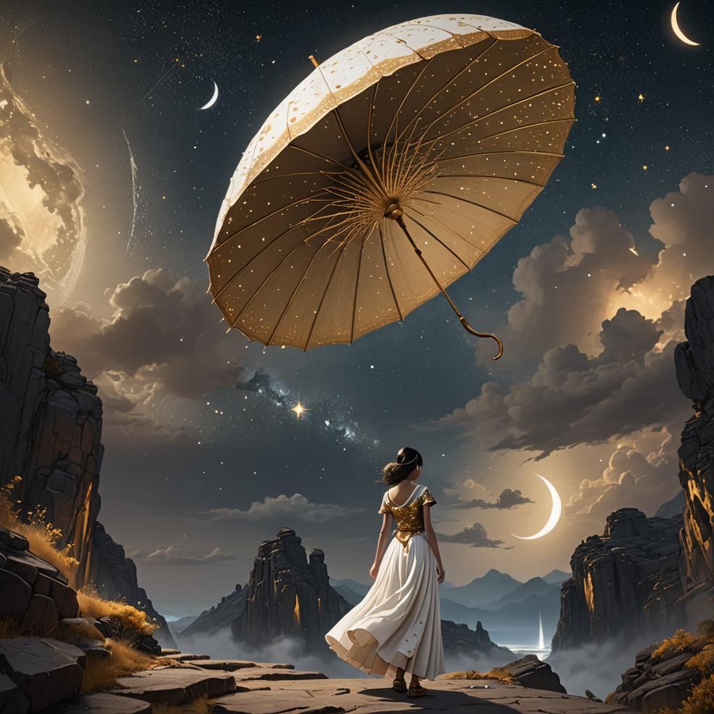 Woman with Parasol Under Starry Sky: Fantasy Concept Art