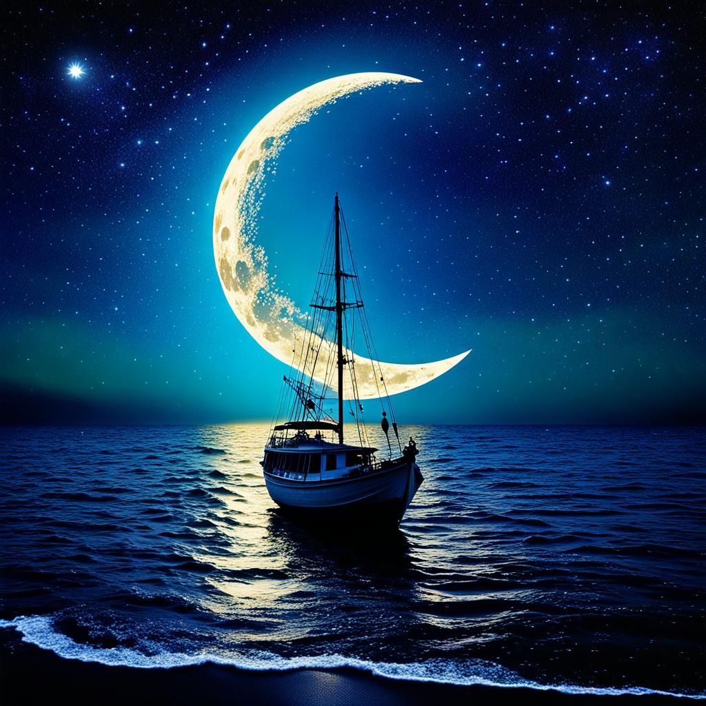 Glowing Moonlit Night with Mermaids and Boat