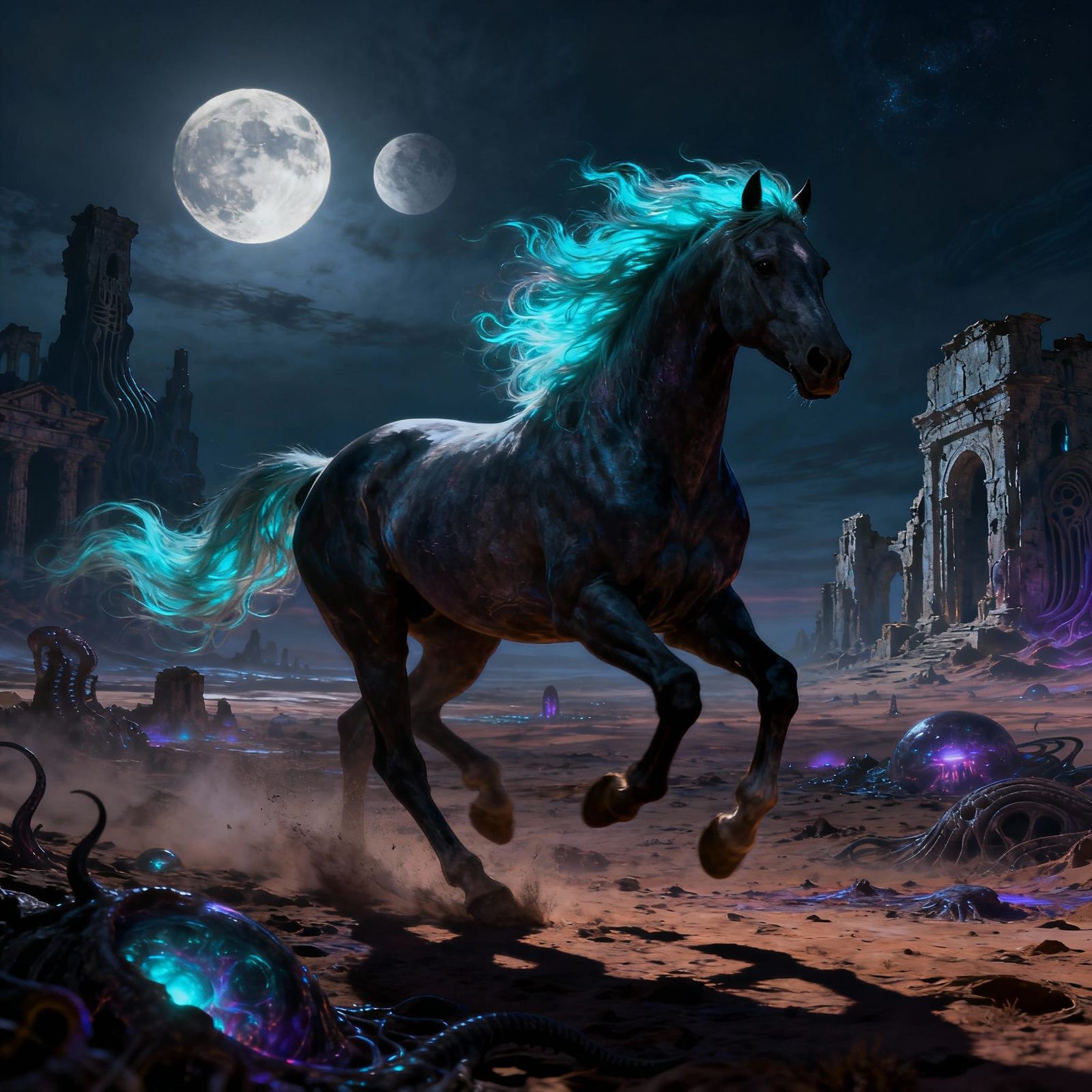 Majestic Stallion Gallops Through Alien Ruins