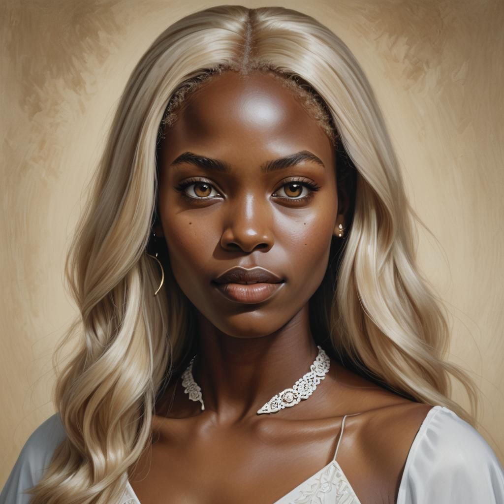 Hyperrealistic Portrait of a Blond Woman with White Eyes